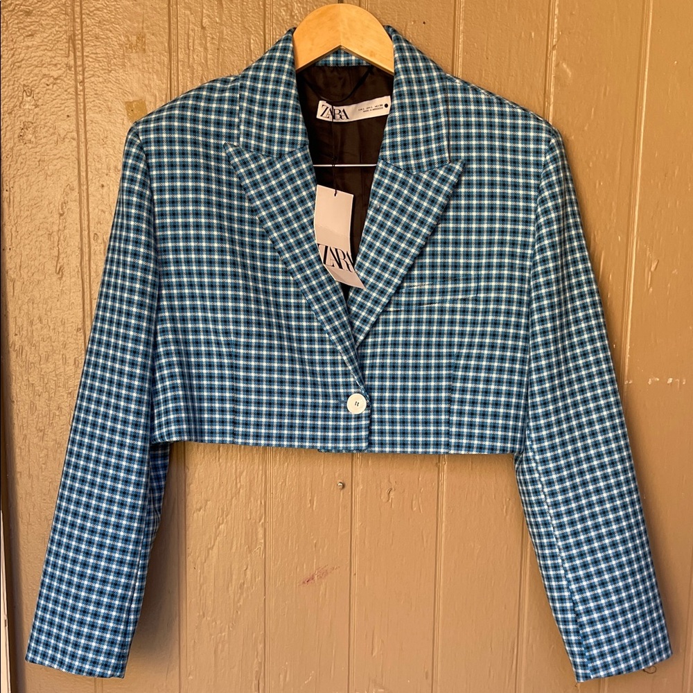 Zara Women's Blue Plaid Cropped Blazer